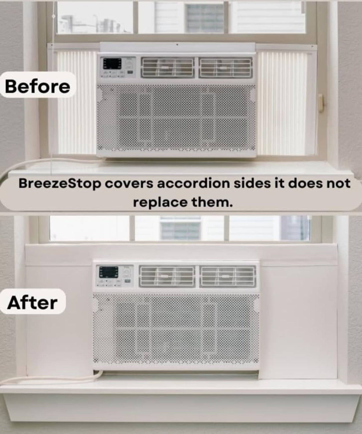 Window air conditioner with white insulation side panel covers over accordion window gaps