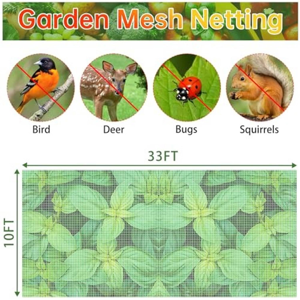Ultra-fine garden mesh netting sheet layout with 10FT height and 33FT length labels