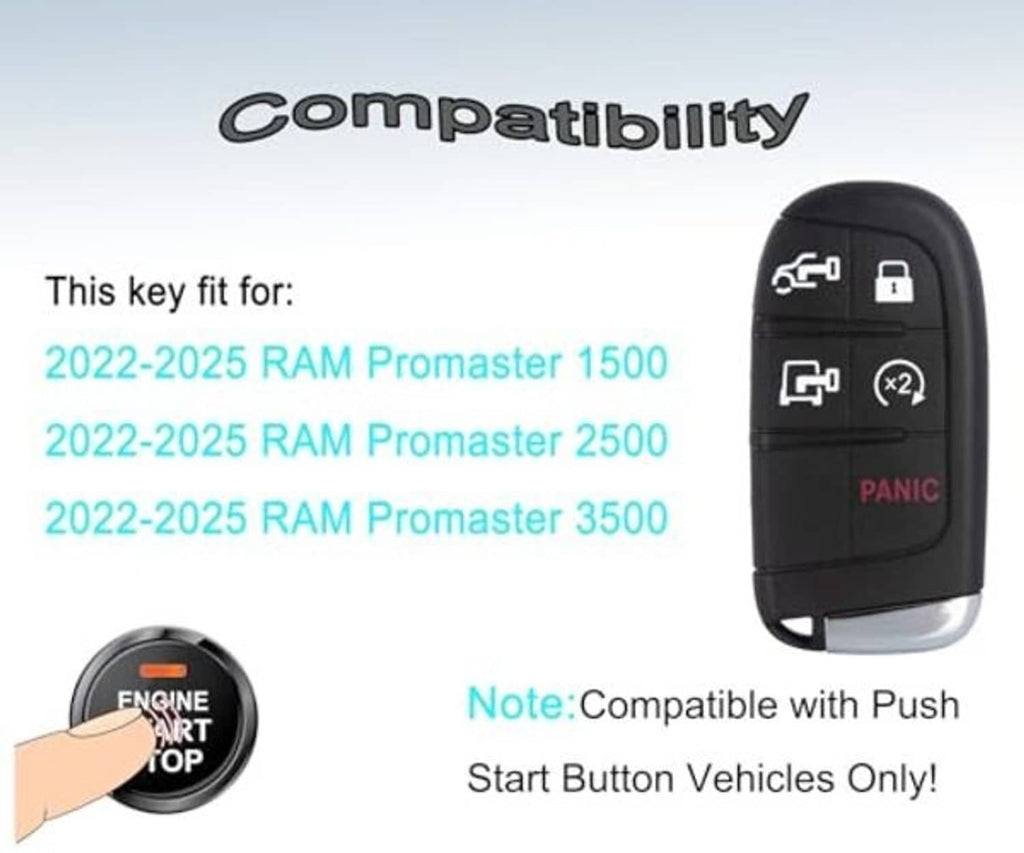Black smart key fob with lock, unlock, remote start, and red panic button, angled