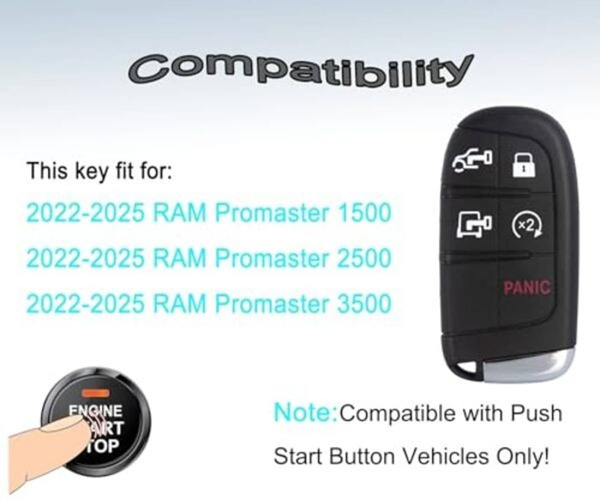 Black smart key fob with lock, unlock, remote start, and red panic button, angled