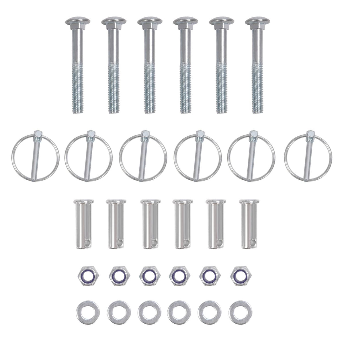 Powder-coated steel chisel plow implement hardware kit with bolts, rings, and nuts