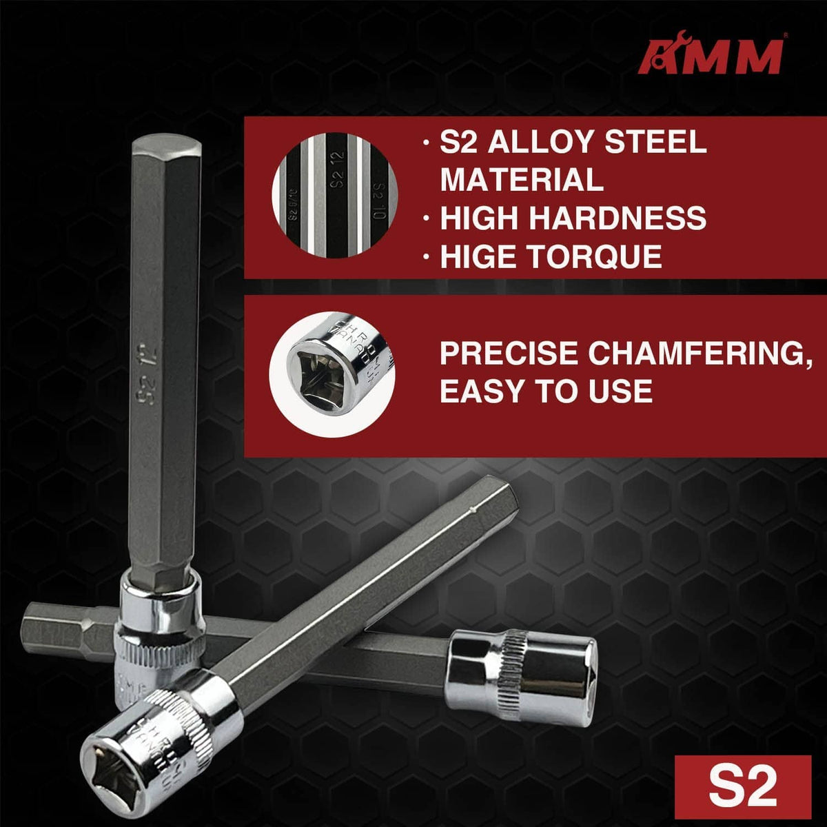Chrome hex socket driver with long extension and matching Allen bits, S2 marked.