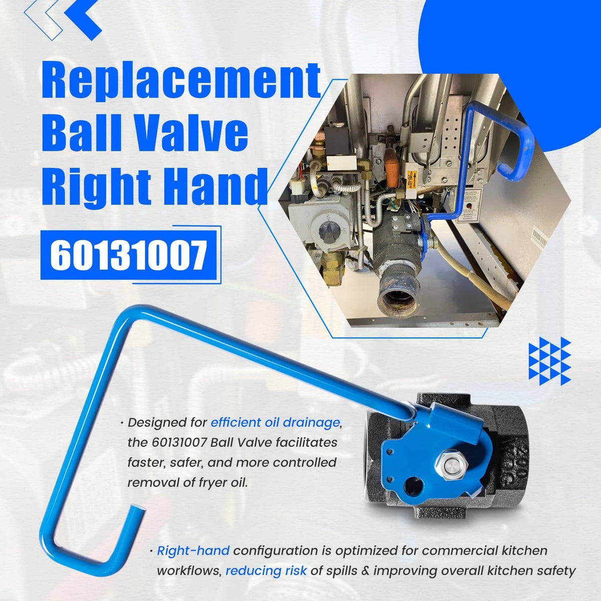 Replacement right-hand ball valve with blue lever and black threaded body (60131007)
