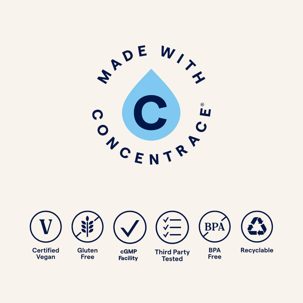 Made with trace concentrate seal with vegan, non-GMO, gluten-free and recyclability icons