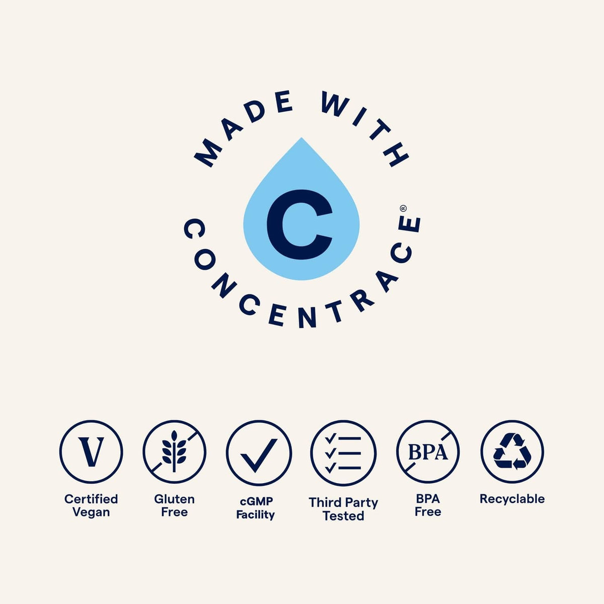 Made with trace concentrate seal with vegan, non-GMO, gluten-free and recyclability icons
