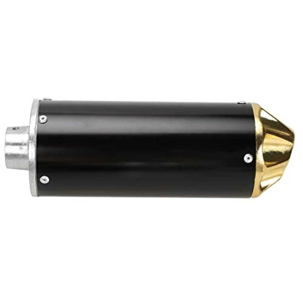 Exhaust muffler silencer with black canister and gold outlet tip on silver mounting flange