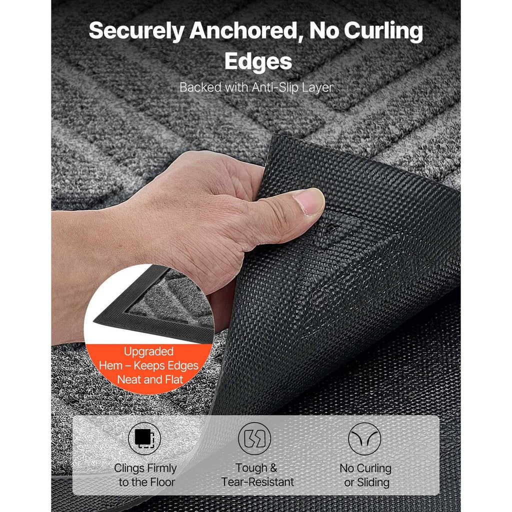 Grey door mat close-up showing hemmed edges and textured anti-slip backing.