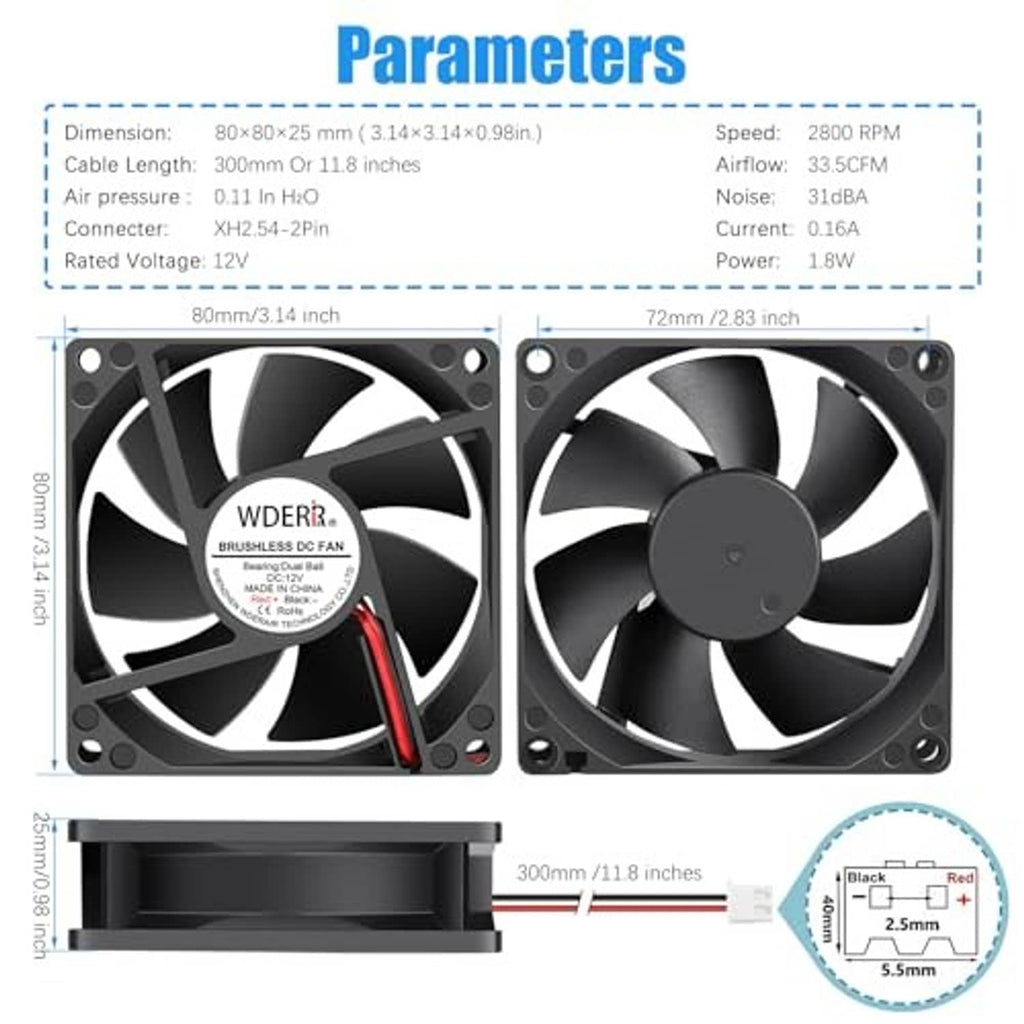80mm x 25mm dual DC brushless fan parameter diagram with fan size view