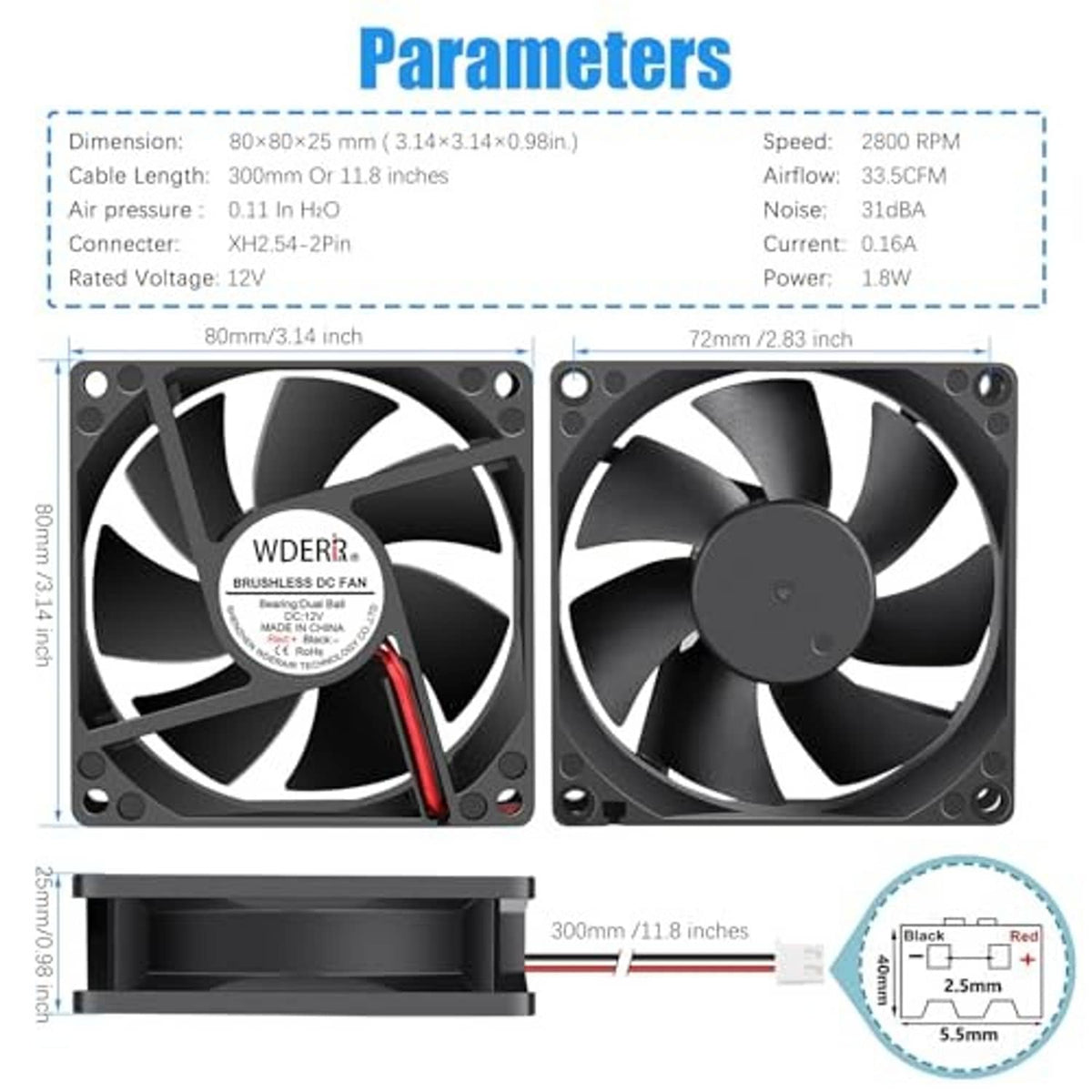 80mm x 25mm dual DC brushless fan parameter diagram with fan size view