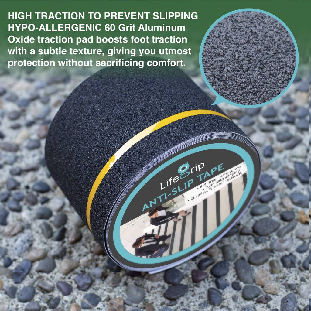 Lifegrip anti-slip tape roll and label, black grip with yellow reflective stripe