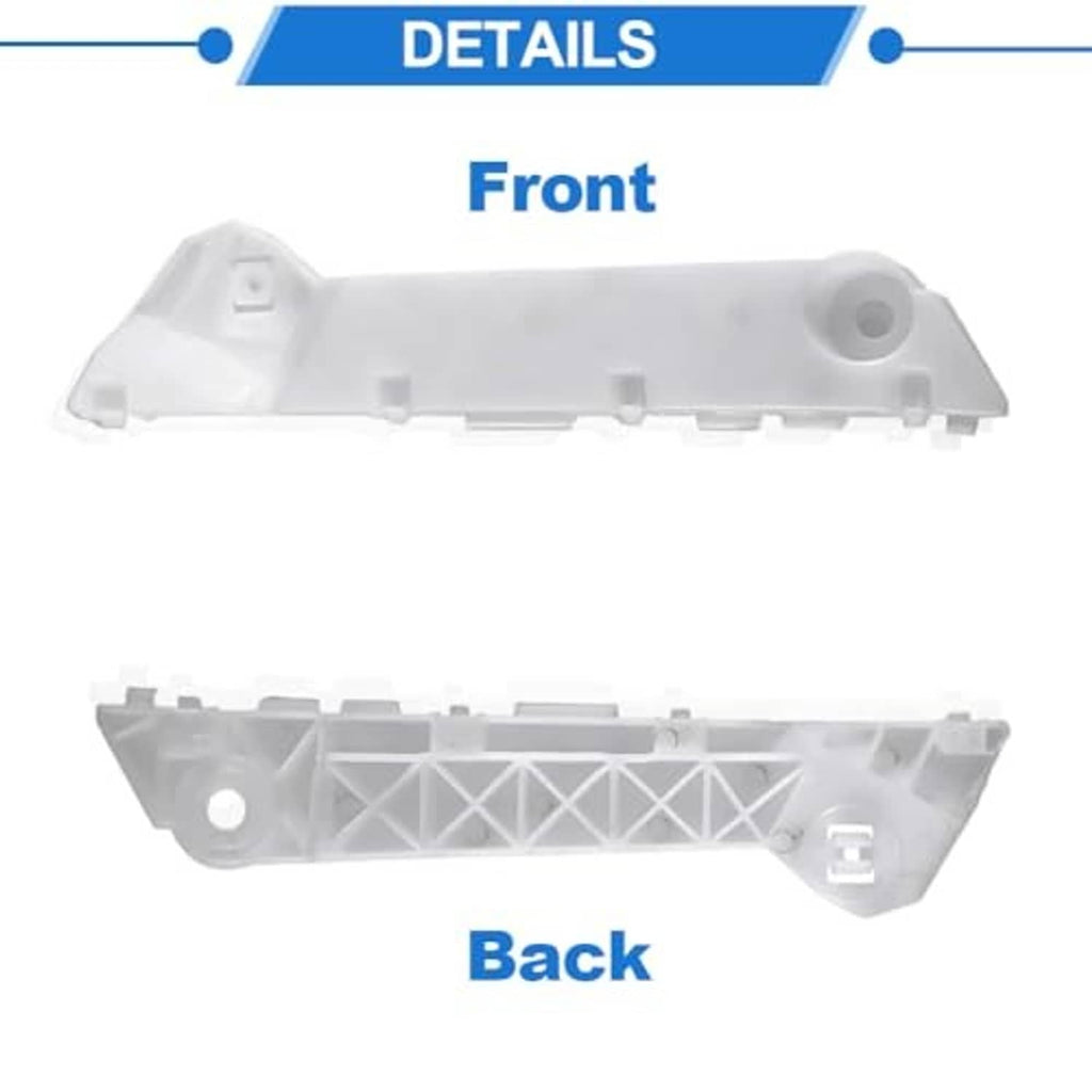 Front and back views of front bumper retainer bracket, white plastic with clip tabs.