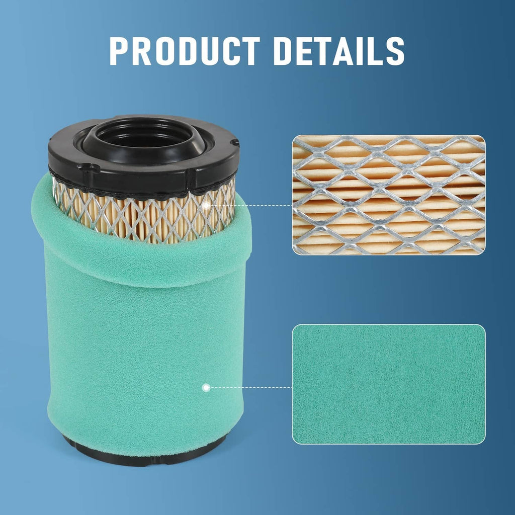 Air filter canister with green foam and pleated paper element detail
