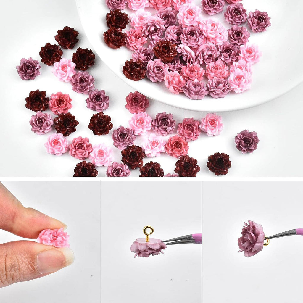 Mini peony resin flowers scattered on a plate and shown being attached with a small hook