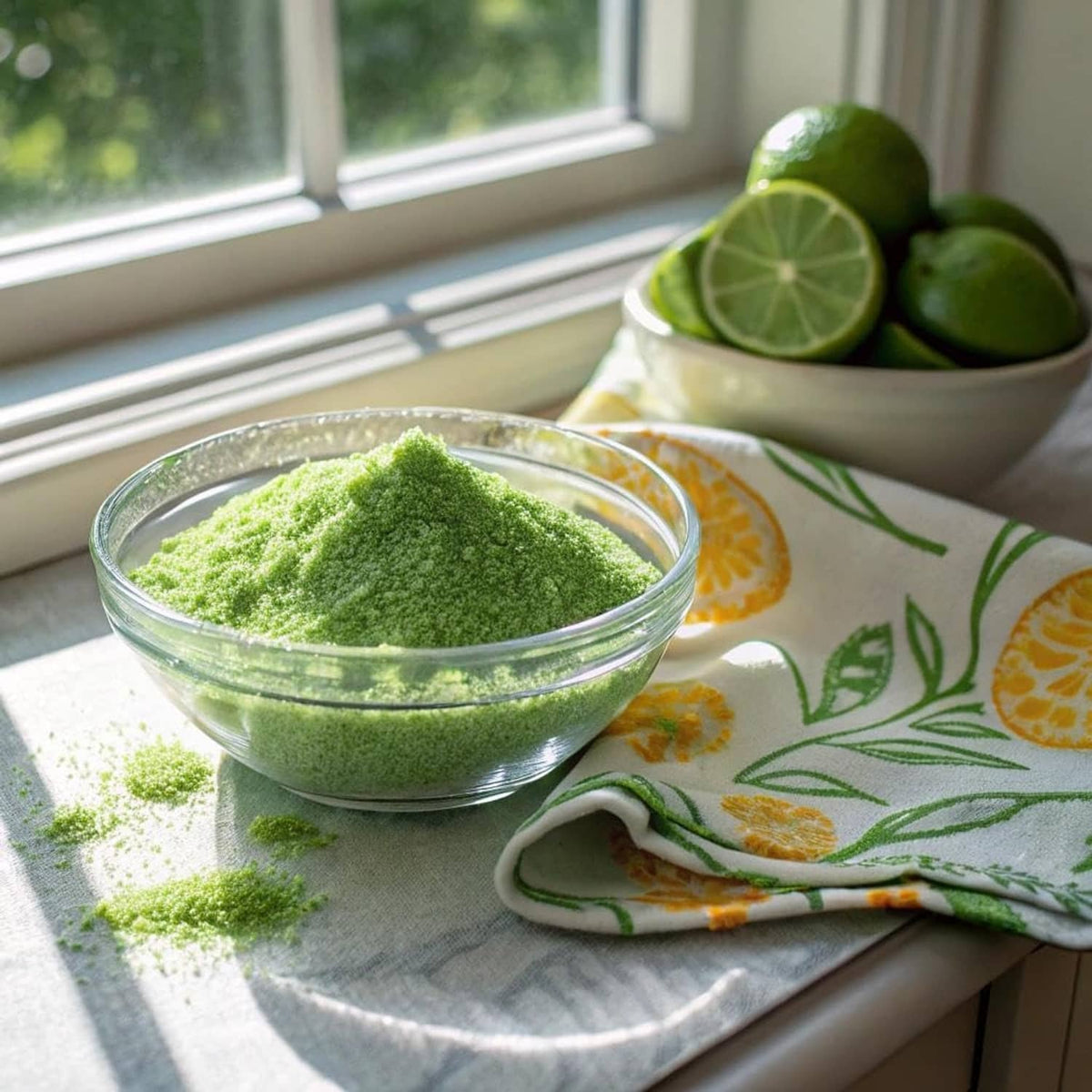 Glass bowl filled with bright green freeze-dried lime powder