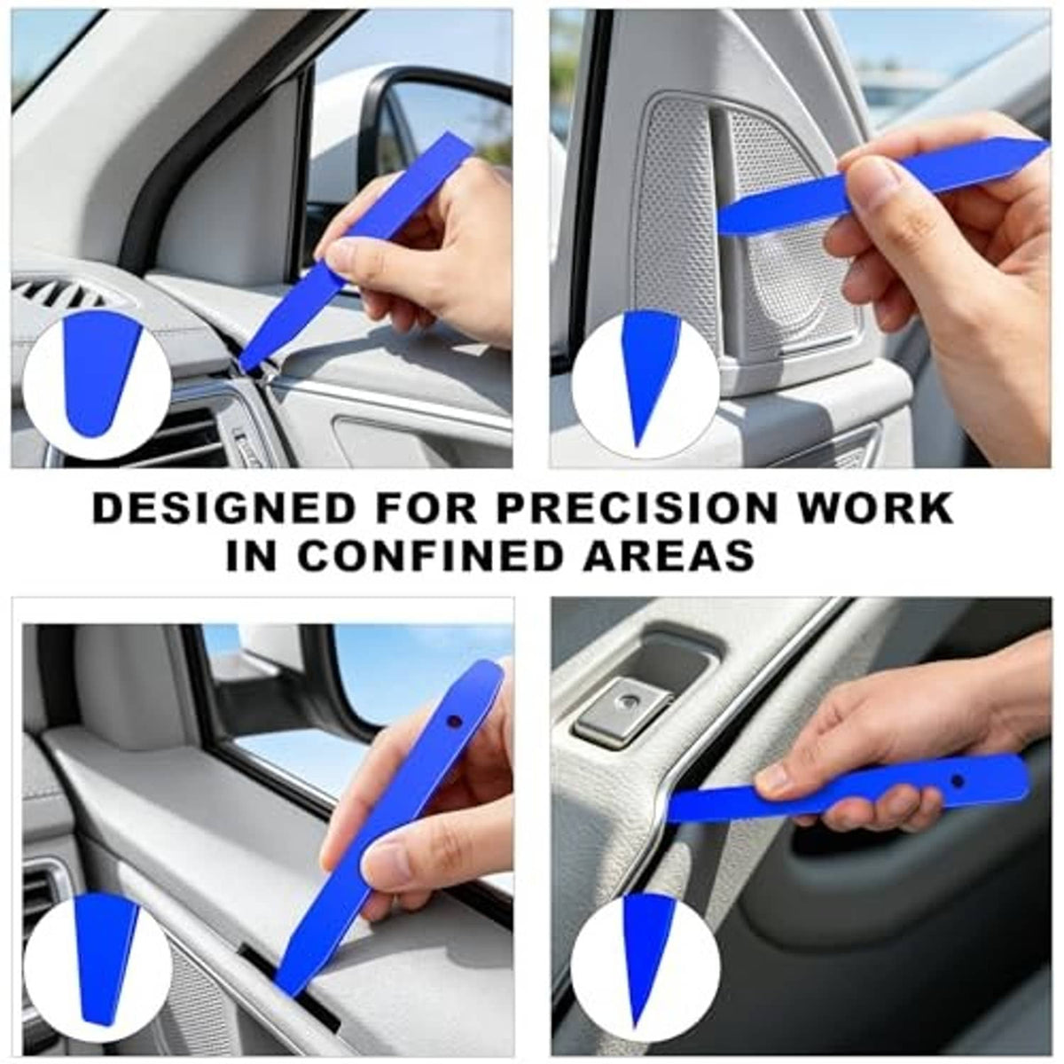 Blue trim pry tool used to lift and remove interior panel components in a car door