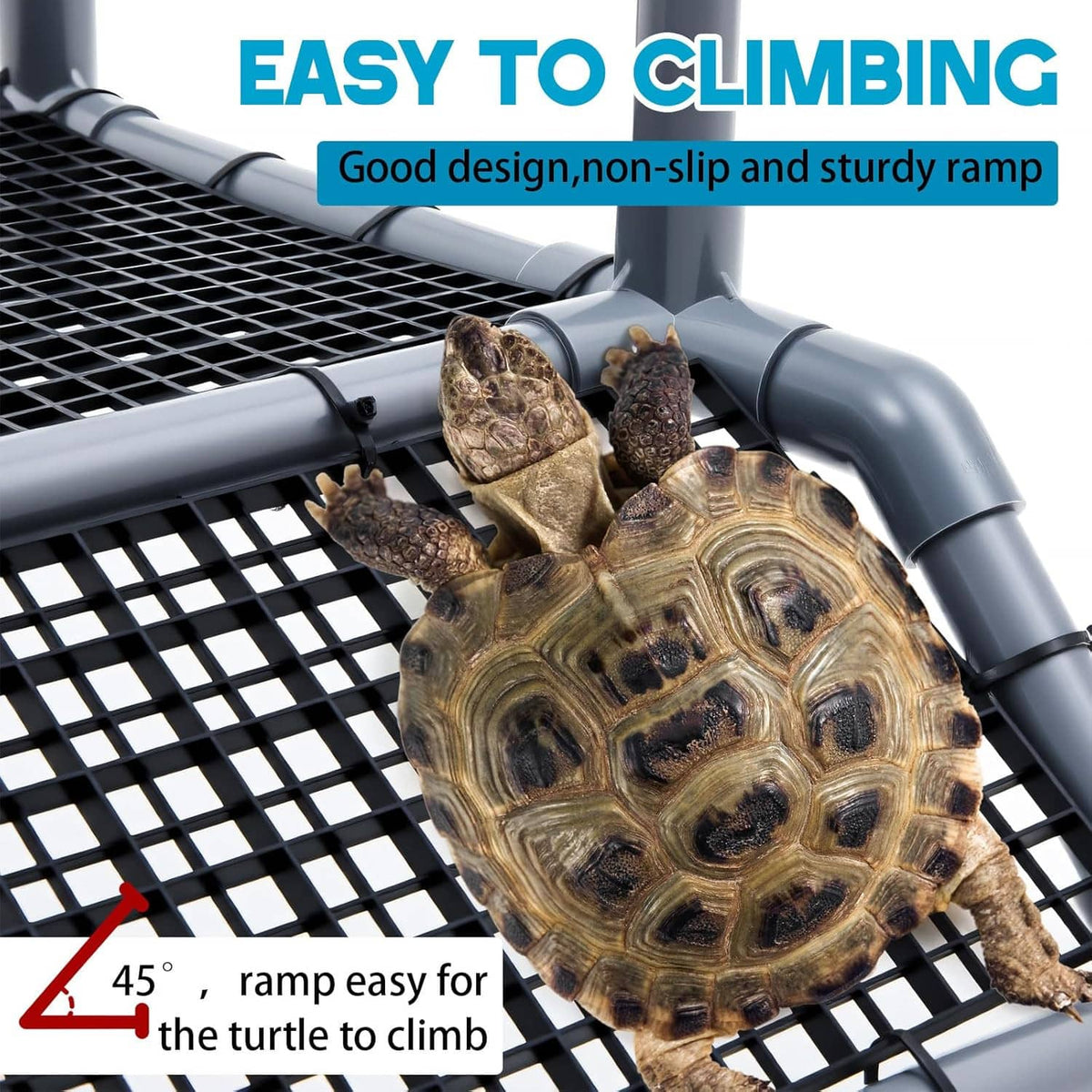 Turtle basking on black grid ramp with gray metal pipes and non-slip surface