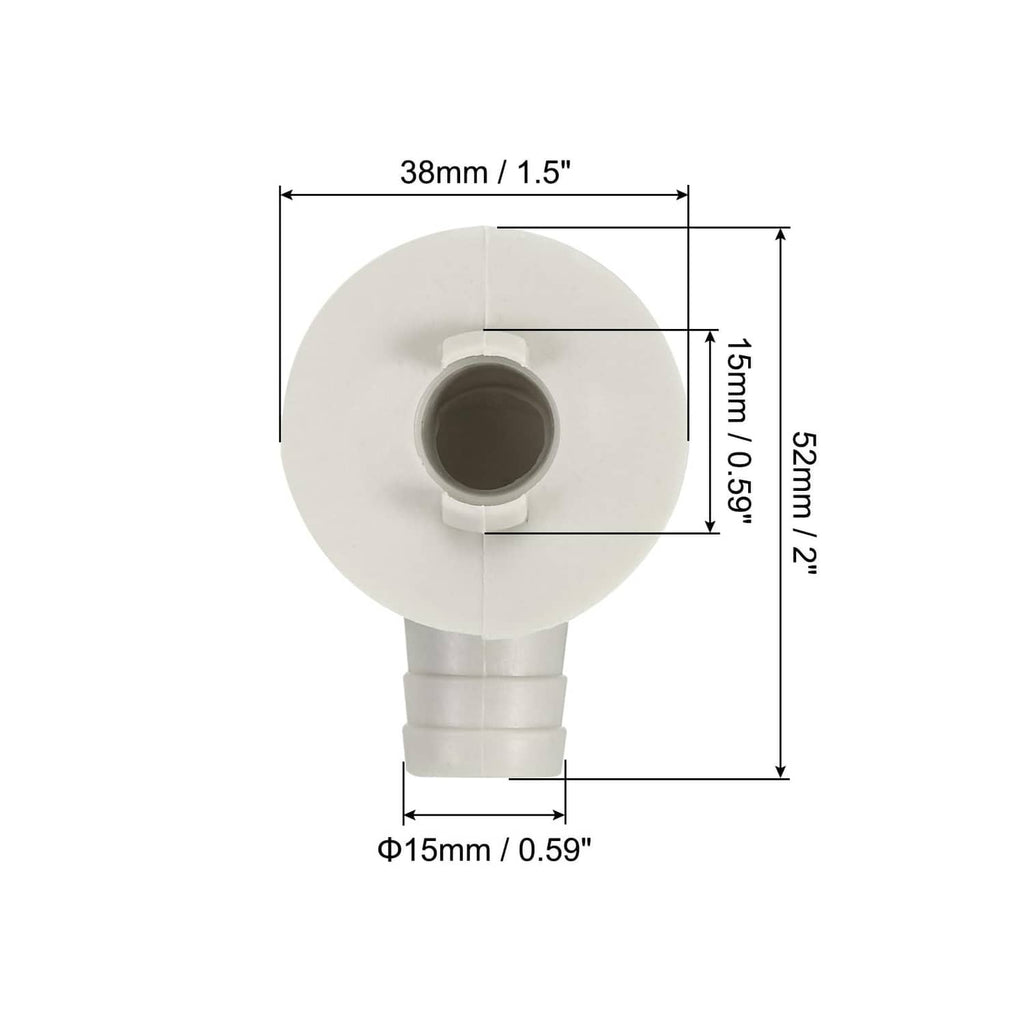White 15mm AC drain hose connector with flange, size diagram shows 38mm dia