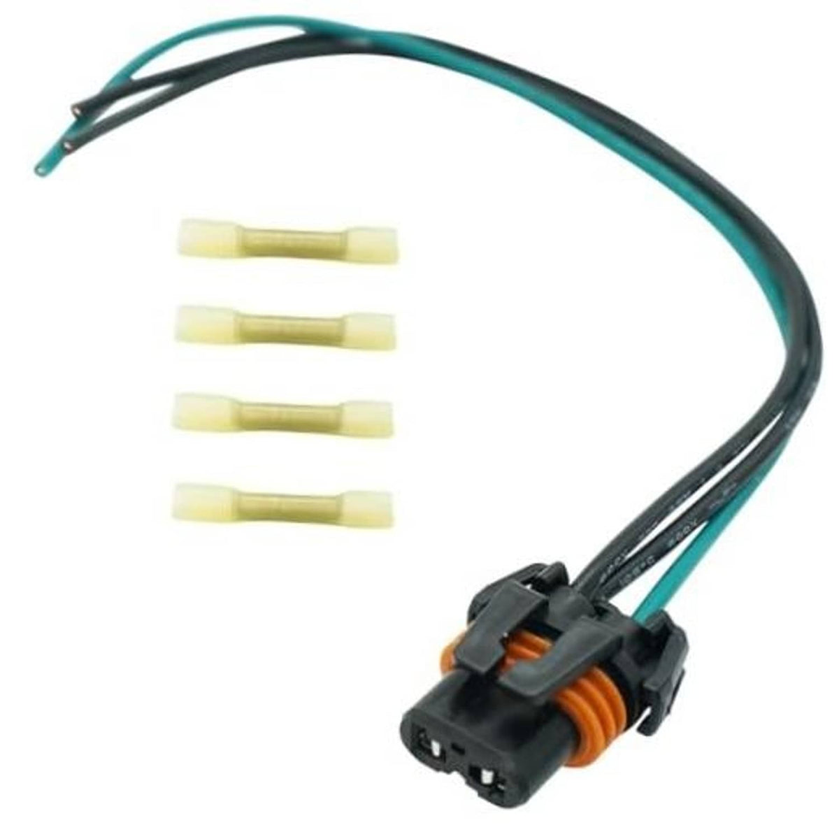 2-pin headlight wiring harness with teal/black wires, orange-sealed connector, and yellow terminals