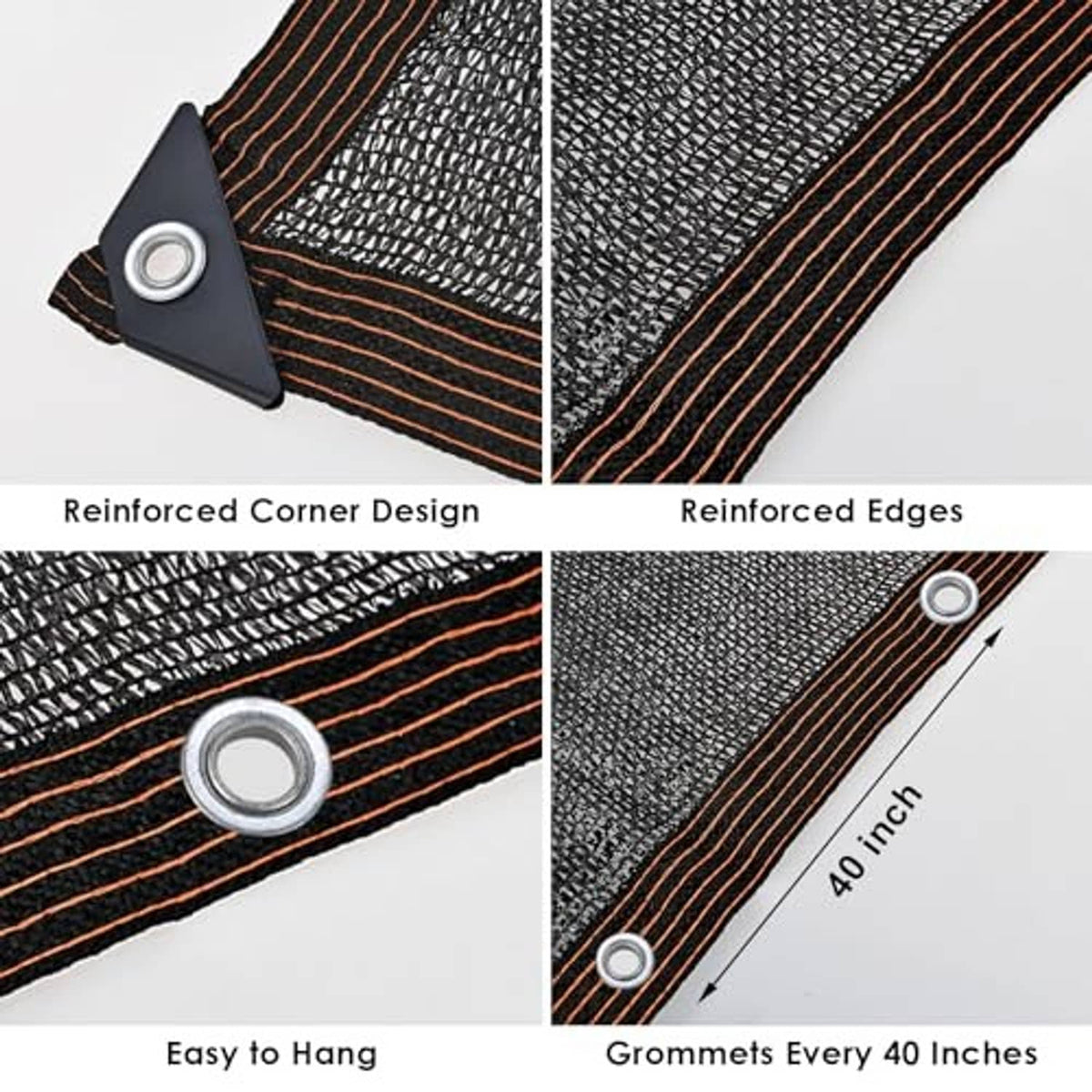 Reinforced shade cloth tarp edges and corners with grommets and brown binding