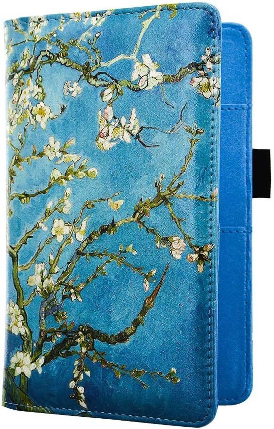 Floral server book cover, blue with blossom branches and side strap