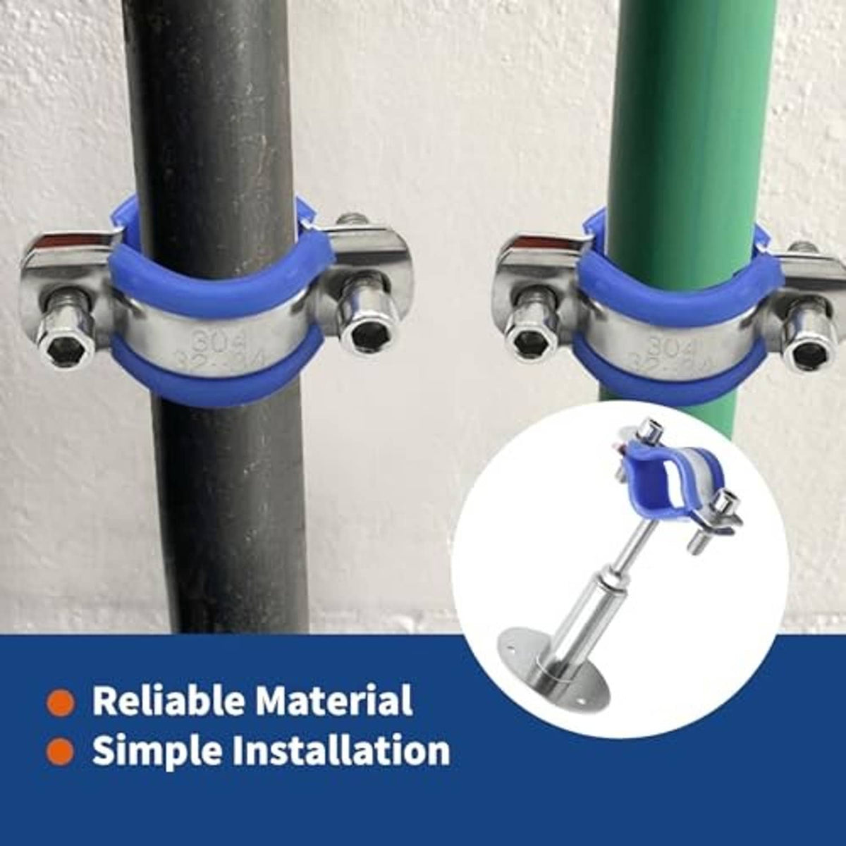Wall-mounted pipe support clamp set with blue U-bands and galvanized metal hardware