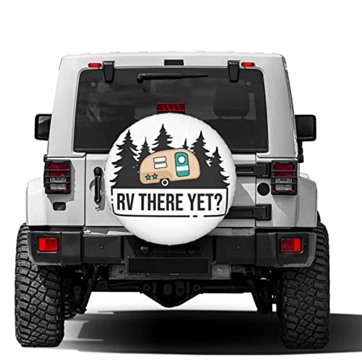 White round spare tire cover on a rear RV, with camper and tree graphic and “RV THERE YET?”