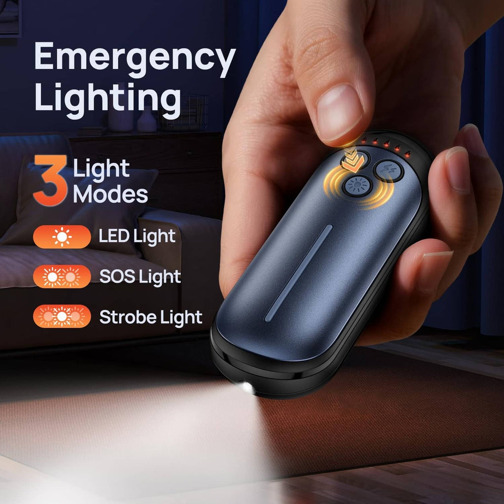 Blue rechargeable hand warmer with glowing red control lights and hand-held grip