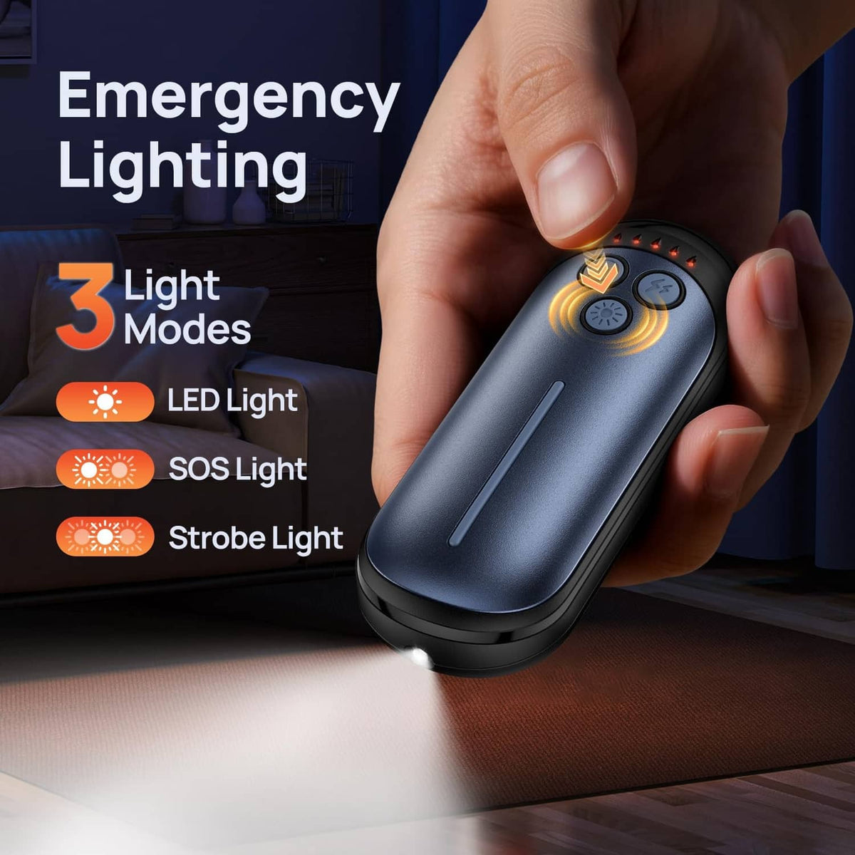 Blue rechargeable hand warmer with glowing red control lights and hand-held grip