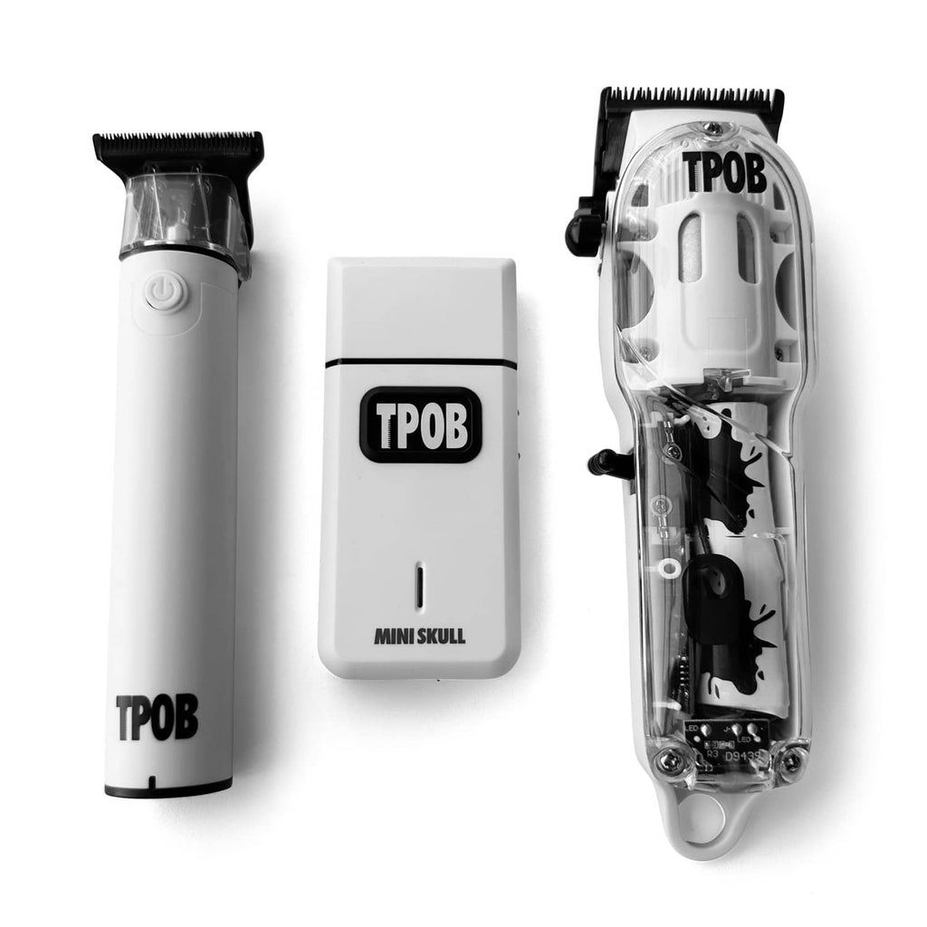 Men's TPOB hair clipper trimmer set: white mini skull device and open blade head