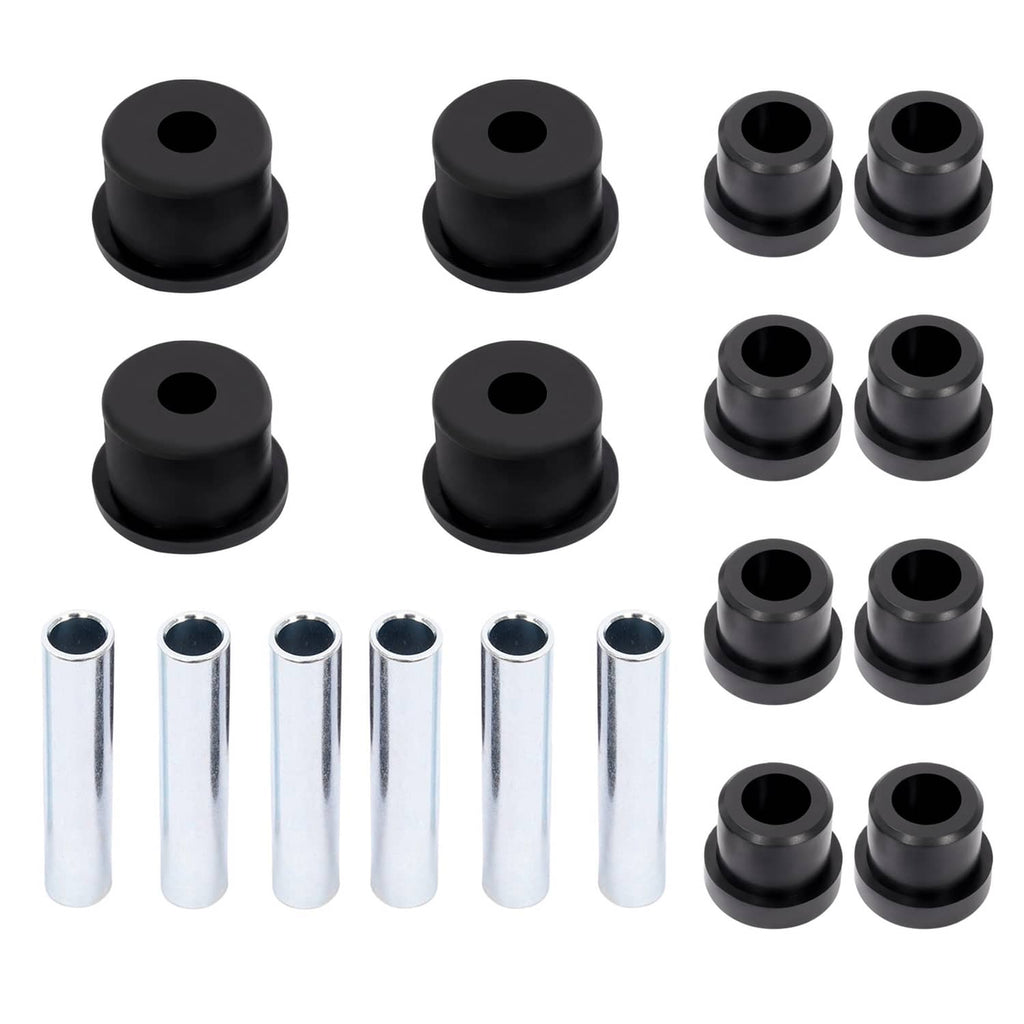 18-piece leaf spring bushing kit with black rubber bushings and silver steel sleeves