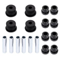 18-piece leaf spring bushing kit with black rubber bushings and silver steel sleeves