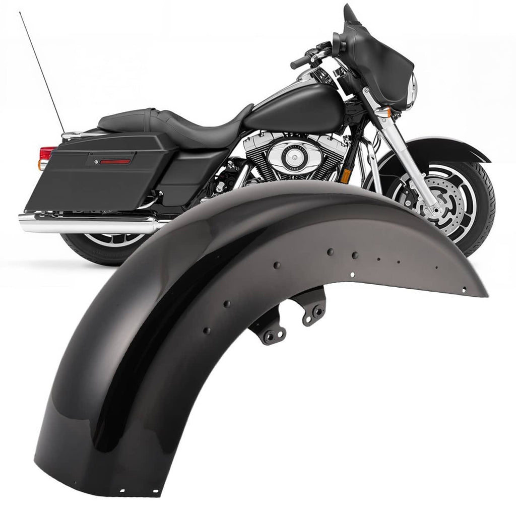 Front motorcycle wrap-around fender in glossy black, with mounting holes and brackets