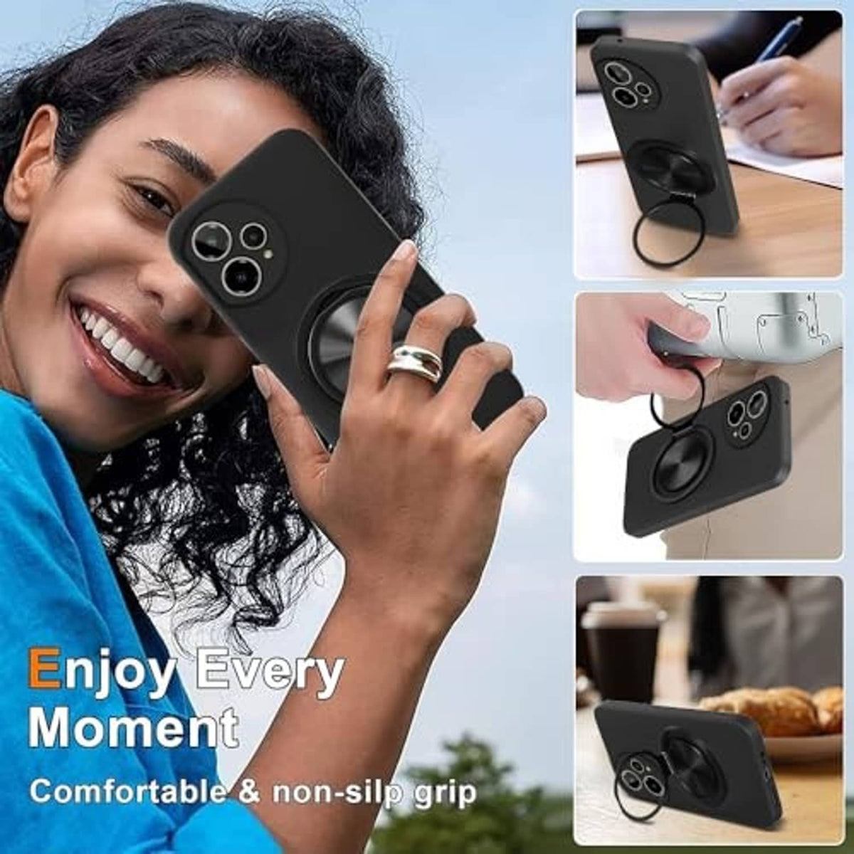 Black phone case with 360° ring holder and raised camera lens protection.
