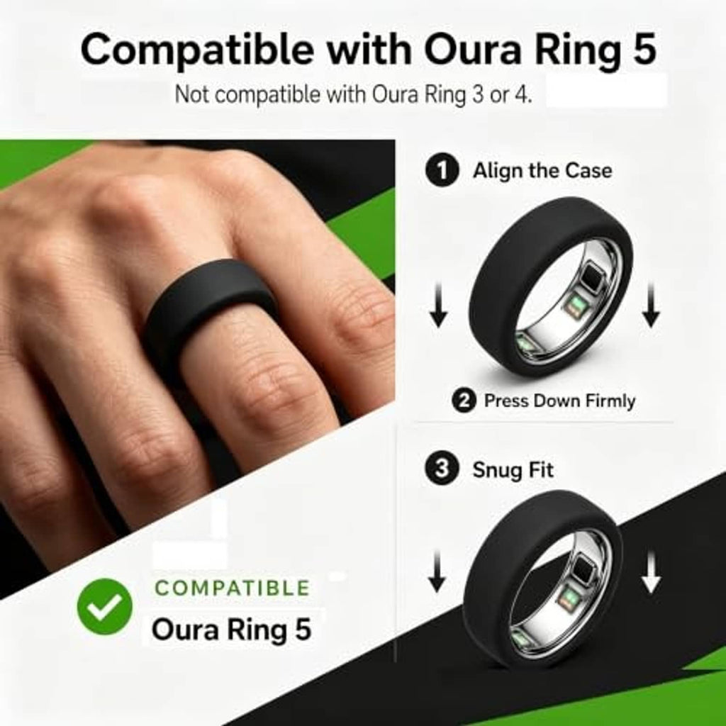 Black silicone case for Oura Ring 5 on finger, with step-by-step attachment graphic