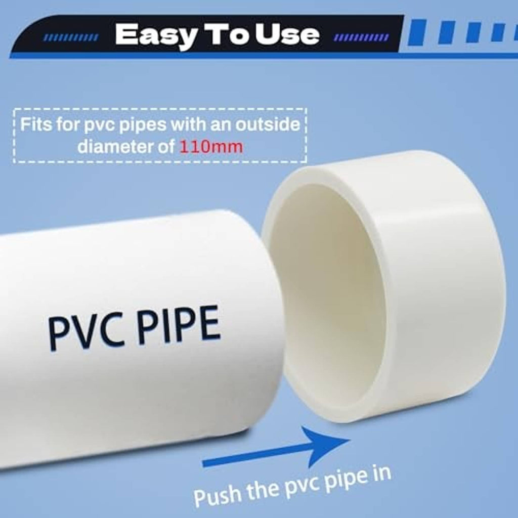 4-inch PVC pipe end cap fitting for push-fit pipes, shown beside PVC pipe