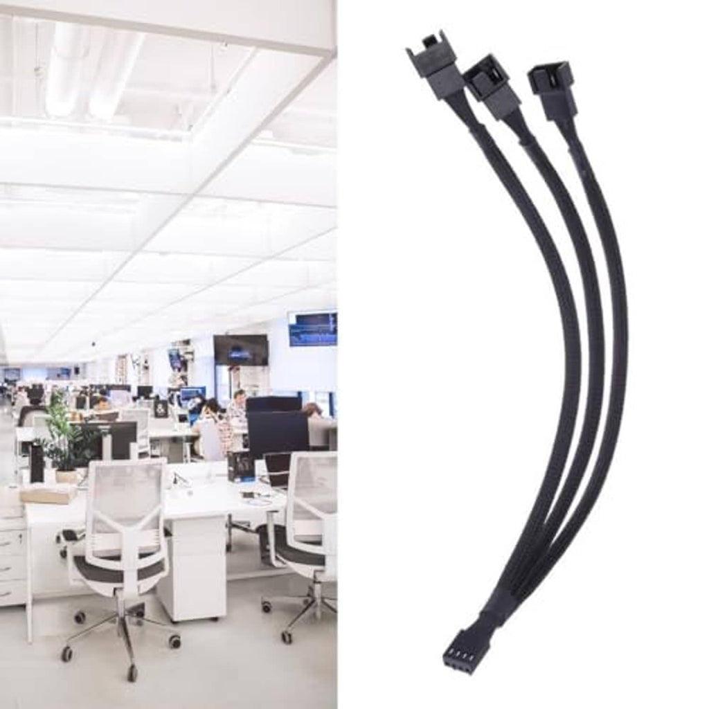 Sleeved fan splitter cable with braided black leads and multiple branch plugs, 4-pin