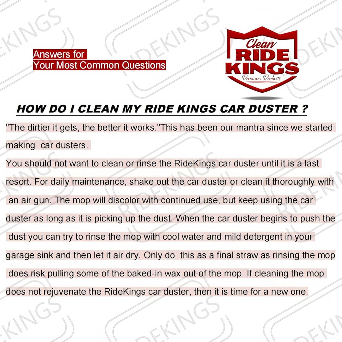 Car duster care instructions page with Ride Kings logo