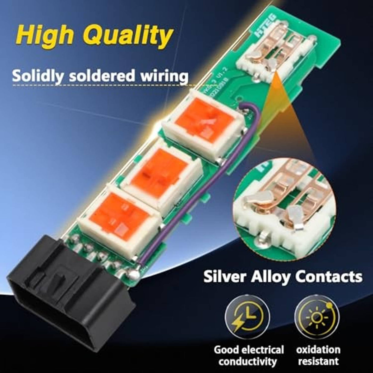 Power seat adjuster switch circuit board with soldered wiring and silver contacts