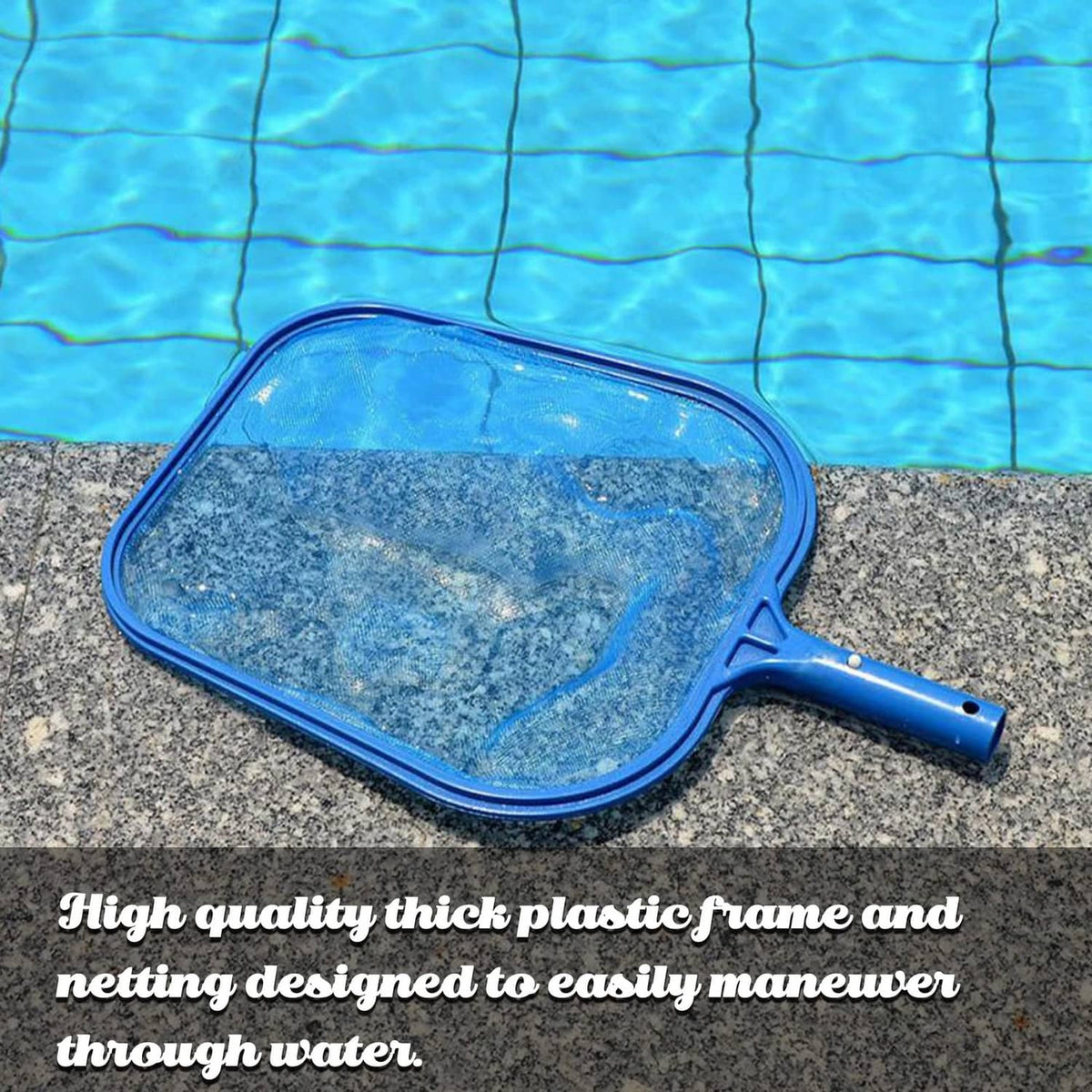 Blue pool skimmer net with mesh bag and handle, filled with pool debris