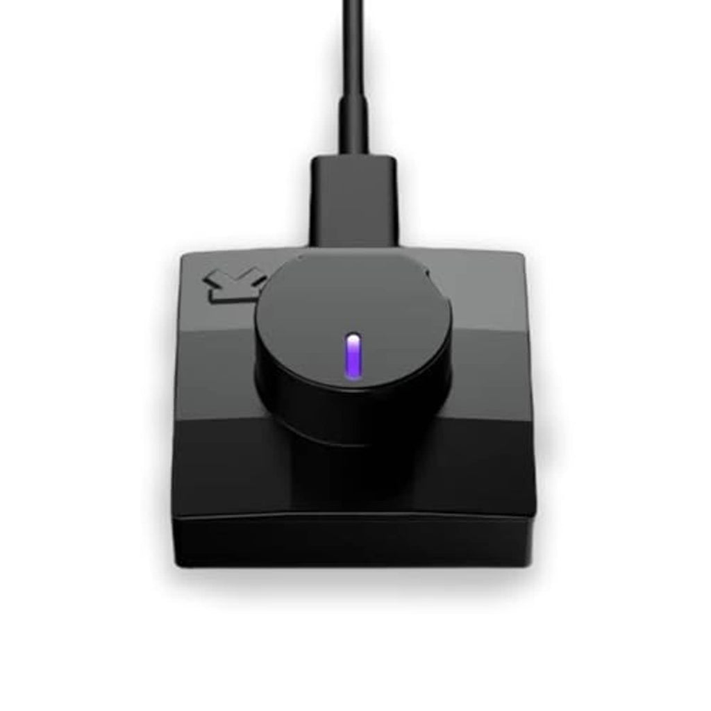 Black ring charger dock with purple-lit indicator on circular top and vertical cable