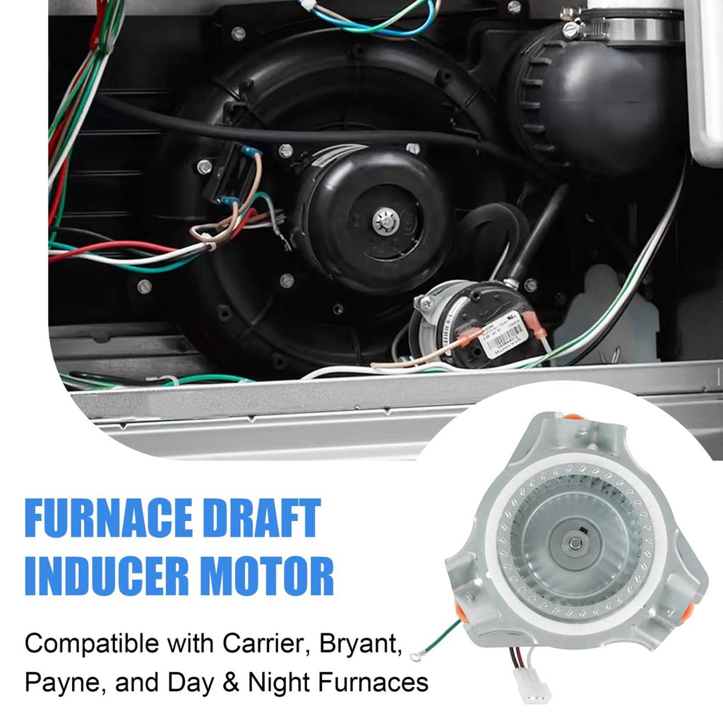 Draft inducer motor assembly inside furnace, blower wheel with attached electrical connectors