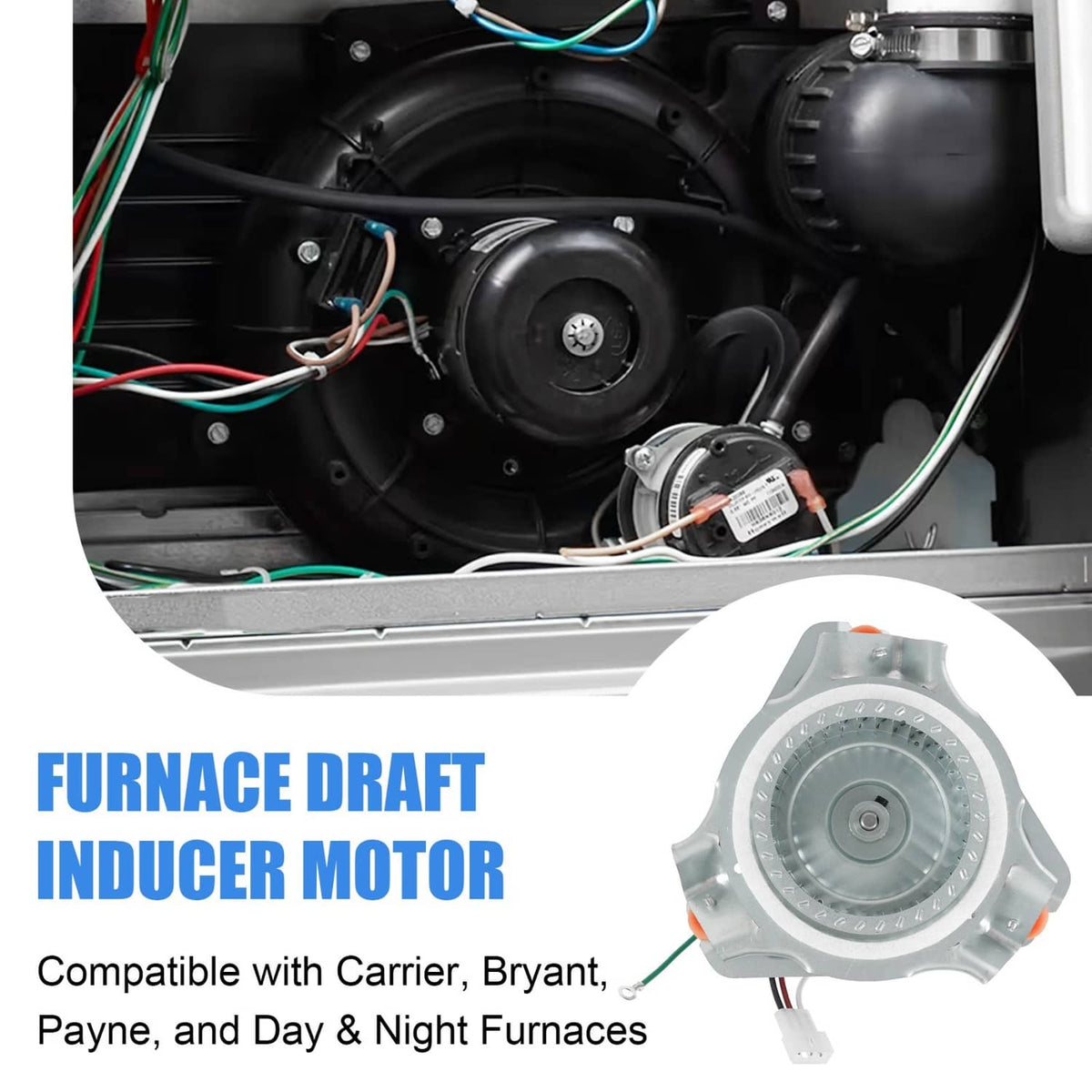 Draft inducer motor assembly inside furnace, blower wheel with attached electrical connectors