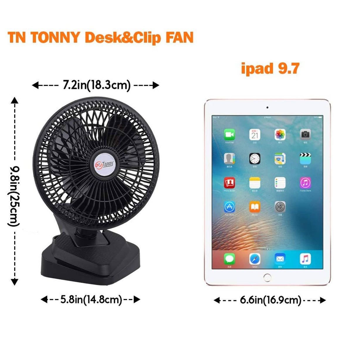 Black clip-on desk fan with compact base and tilting head, shown from the side.