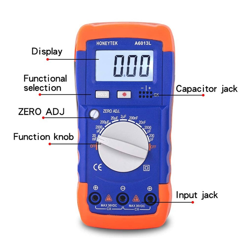 Front view of Honeytek A6013L capacitor tester, LCD, function knob and input jacks