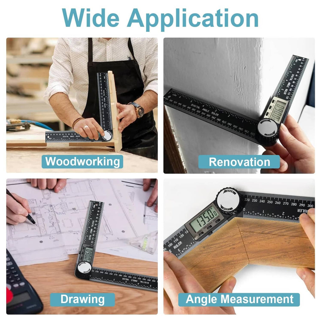 Black digital angle protractor ruler held in hand, LCD display and degree scale visible