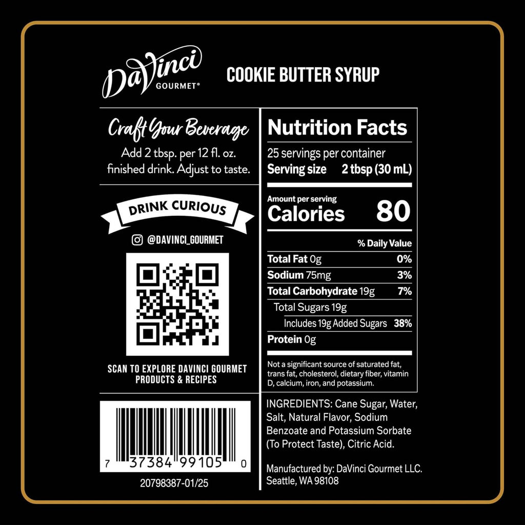 DaVinci Gourmet cookie butter syrup back label with nutrition facts and ingredients