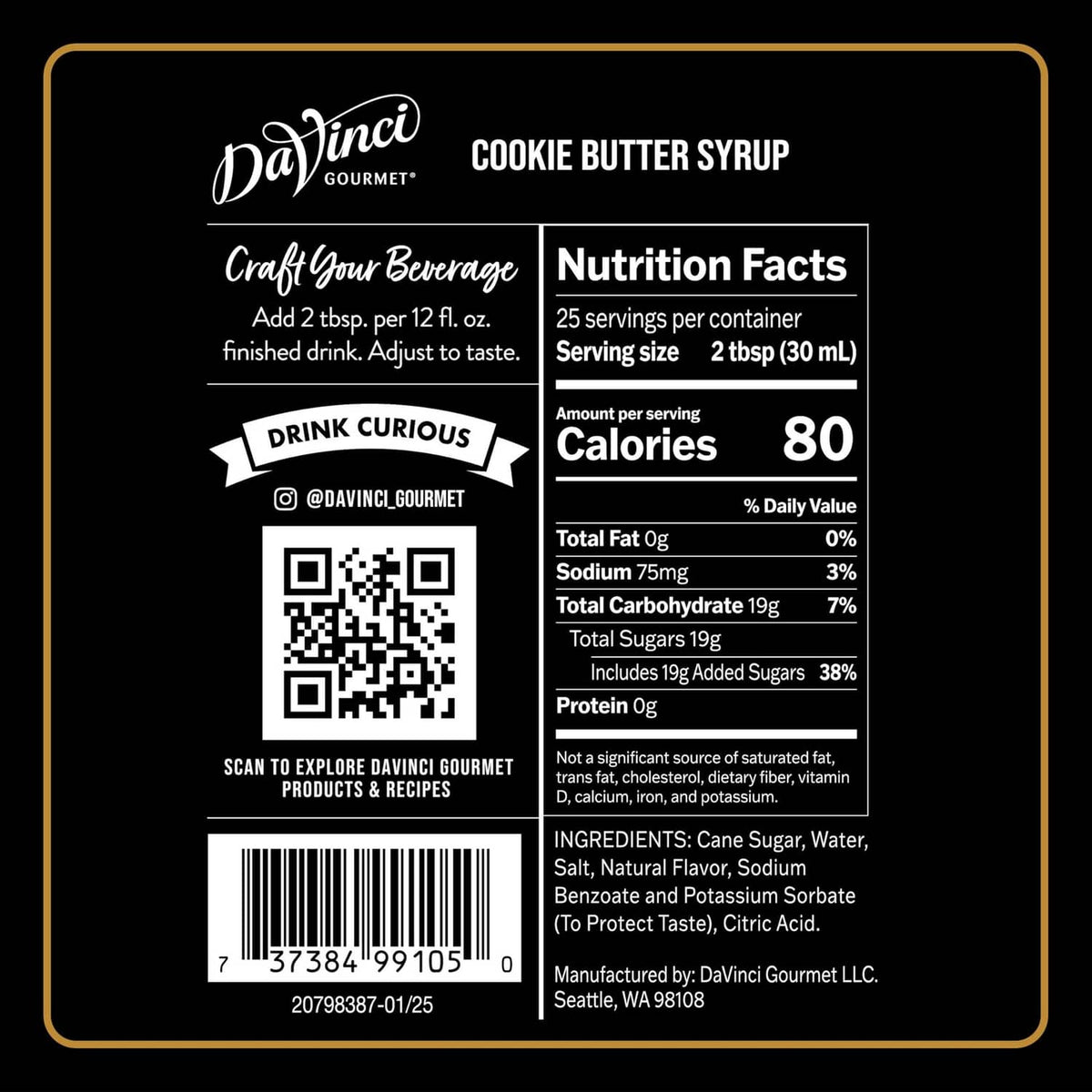 DaVinci Gourmet cookie butter syrup back label with nutrition facts and ingredients
