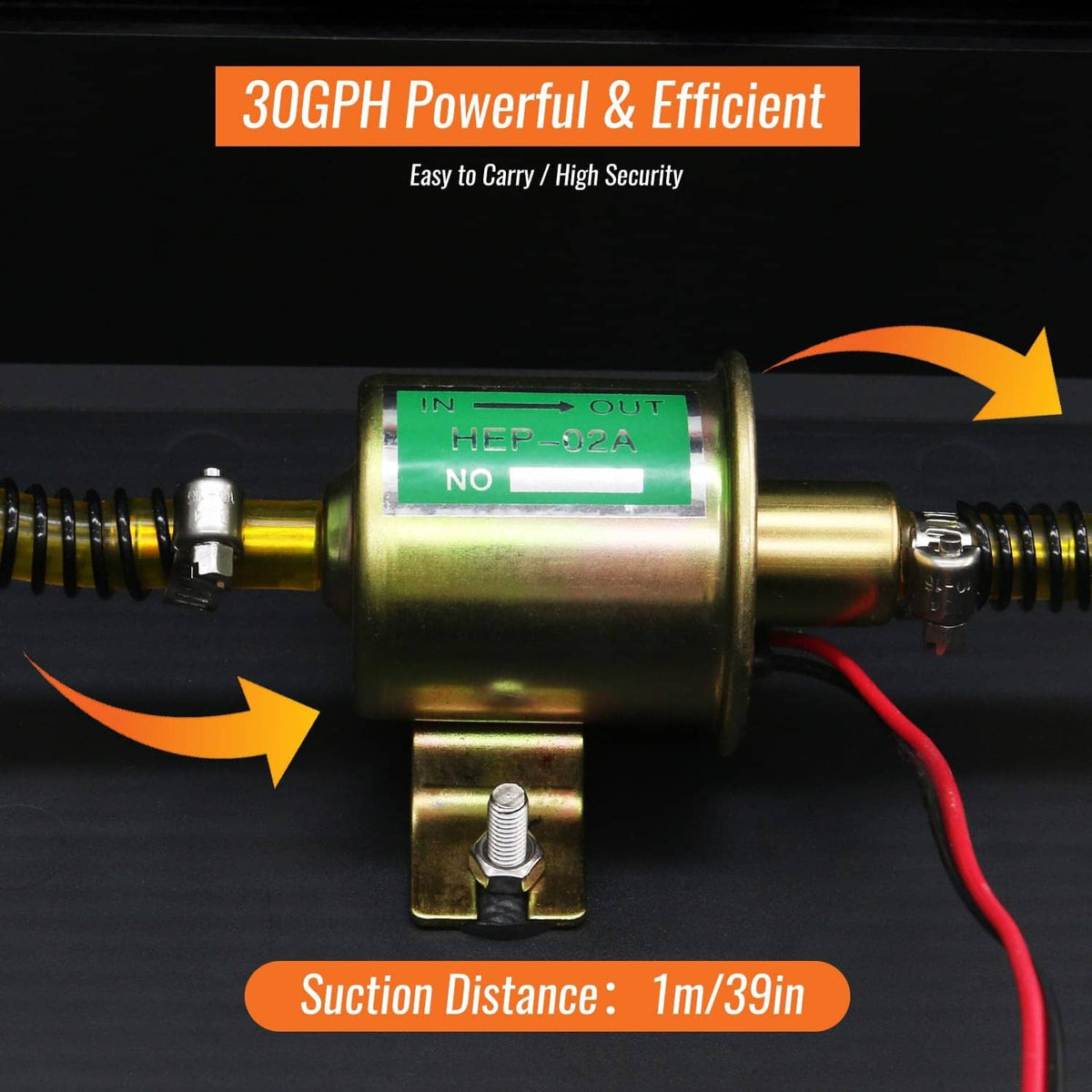 Fuel transfer pump motor with suction inlet fitting and red power leads