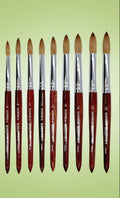 Round nail brush with brown bristles and red wooden handle, multiple sizes shown