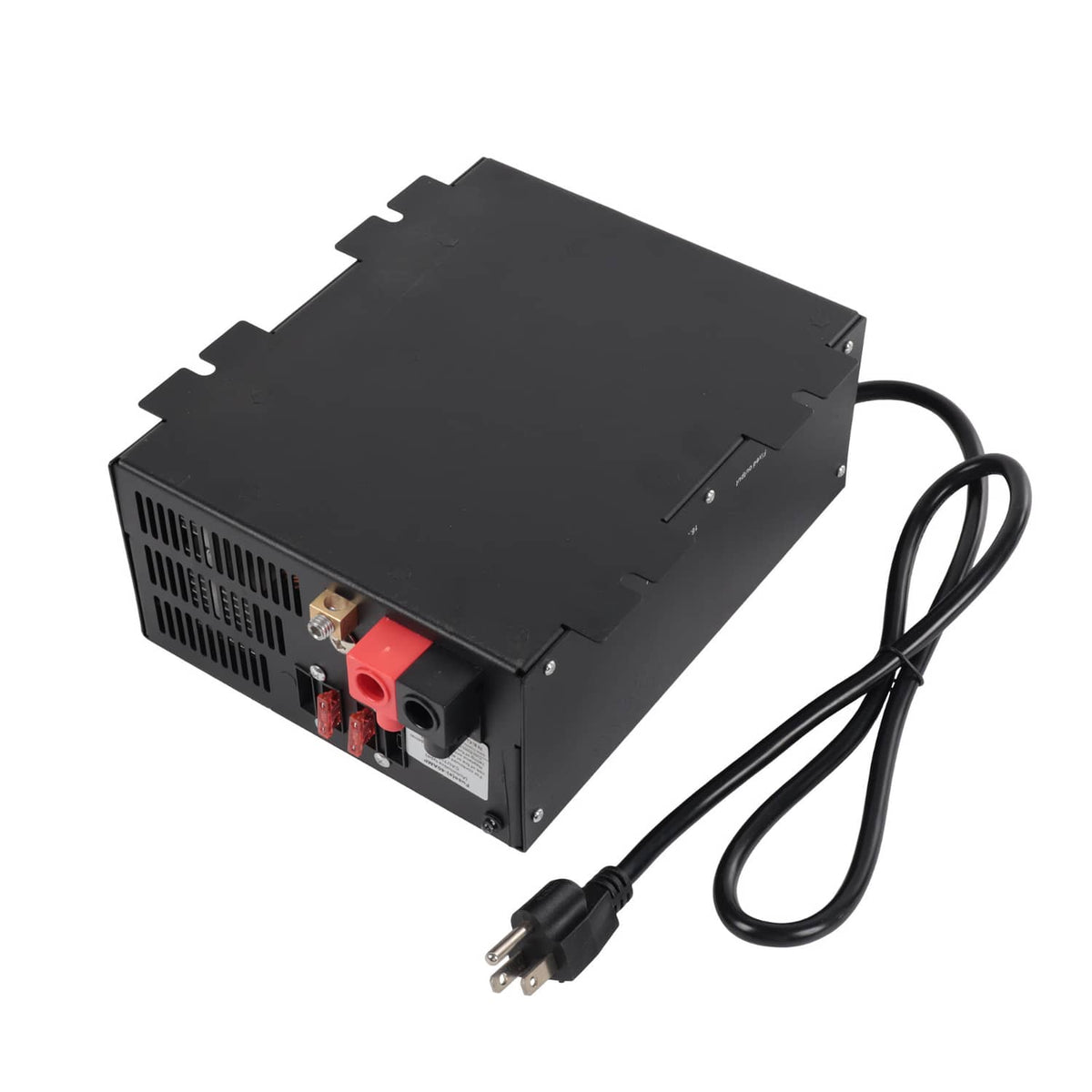 Black RV power converter showing ventilation, red terminals, and AC power cord